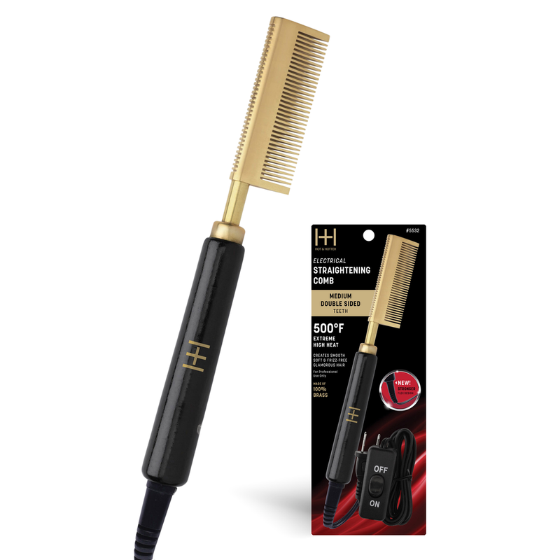 ANNIE Hot & Hotter Electric Straightening Comb Double Sided Teeth, 1 Count, Black & Gold