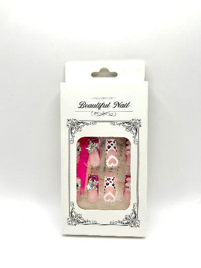 Beautiful Nail Press-On Set - Pink Leopard Print with Rhinestone Stars & Pearl Hearts