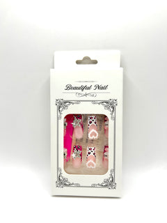 Beautiful Nail pink leopard print press-on nails with rhinestone stars and pearl hearts